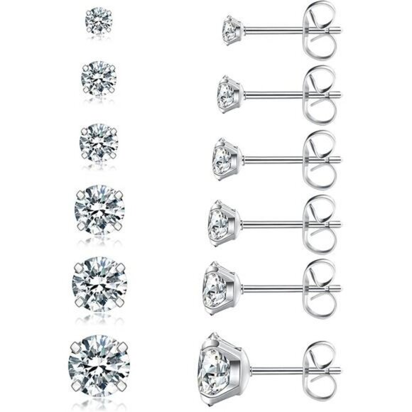 6 Pairs Stud Earrings Set Hypoallergenic Cubic Zirconia 316L Earrings Stainless - Picture 1 of 7